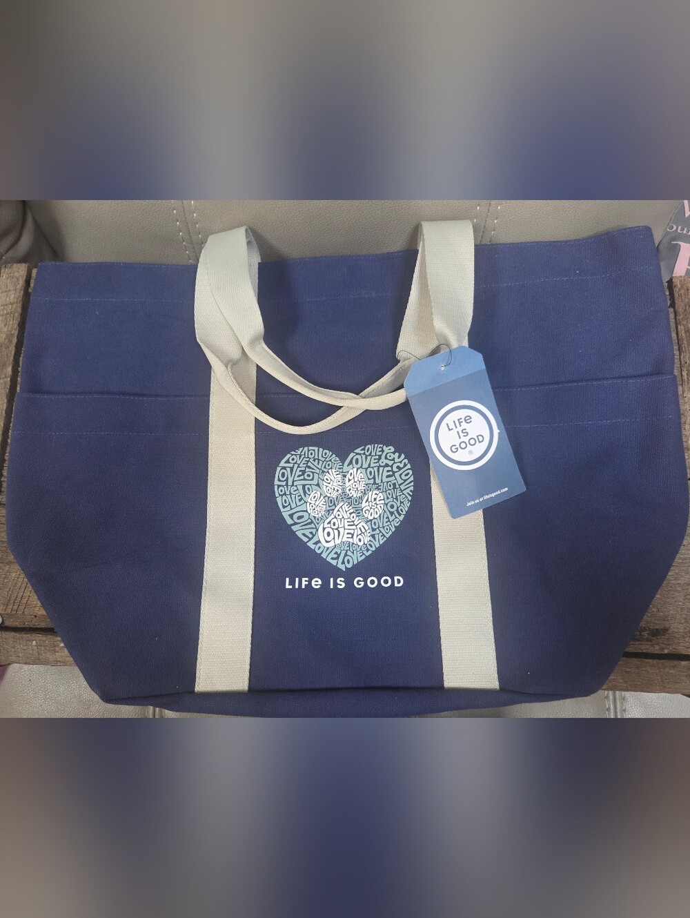 NWT Life Is Good Navy Blue Heavy Canvas Boat Tote Bag Dog Paw Heart Graphic B1J